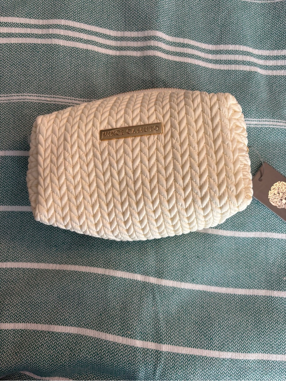 Vince Camuto Cream Quilted Braided Cosmetic Pouch with Gold Logo